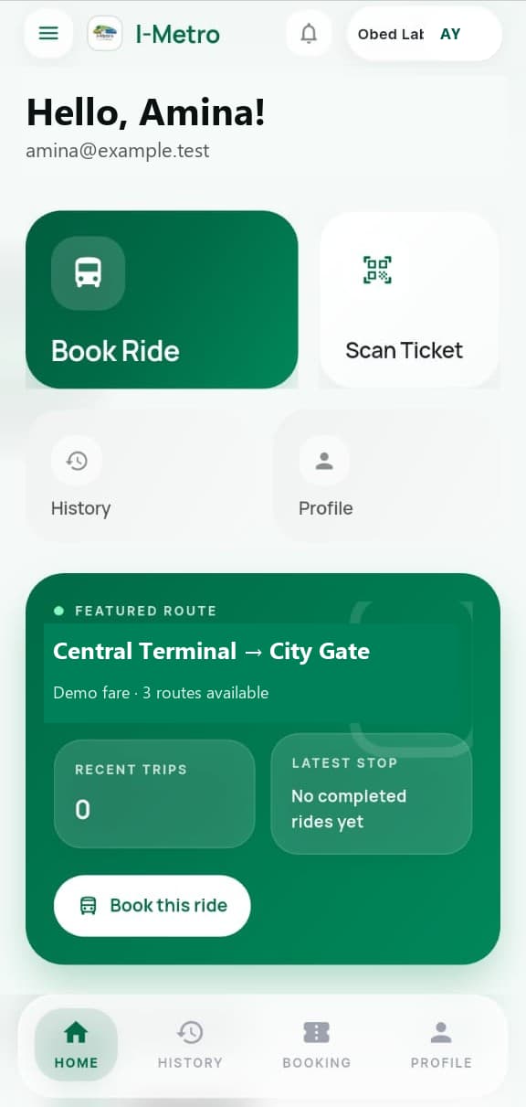 I-Metro passenger home with ride booking, ticket scanning and route options.